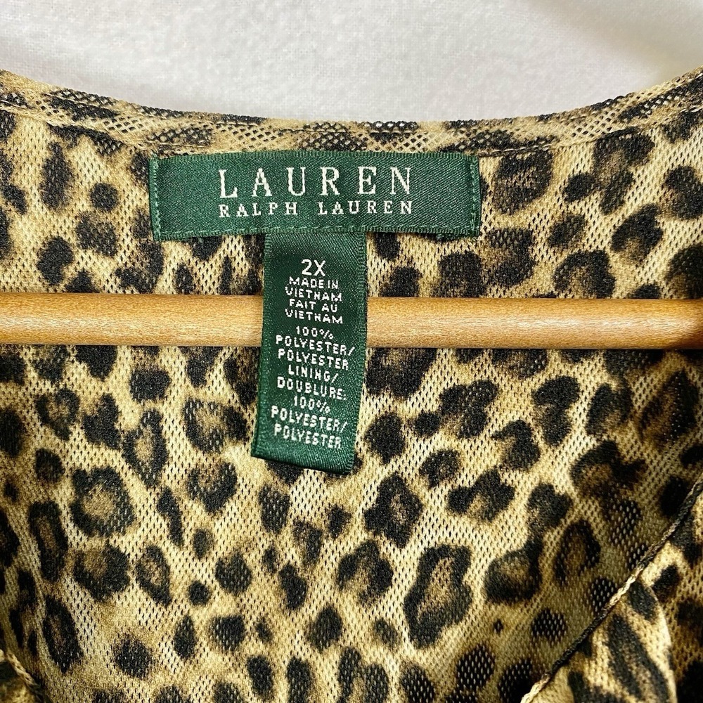 Lauren Ralph Lauren Leopard Print Ruffle V-Neck Mesh Blouse Plus Size 2X Brown - Picture 3 of 5